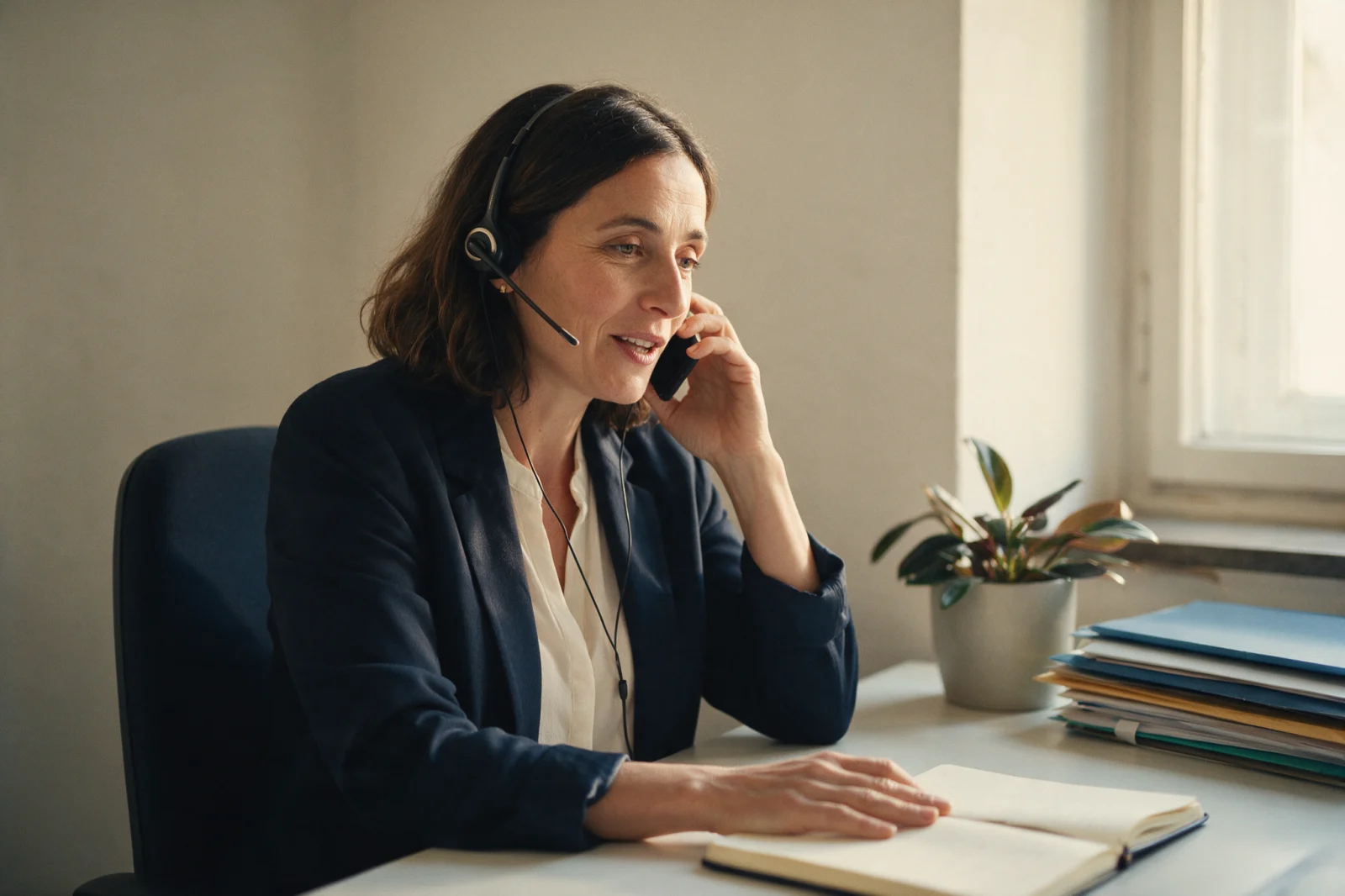 Mitarbeiterin am Schreibtisch im Telefongespräch mit Headset
