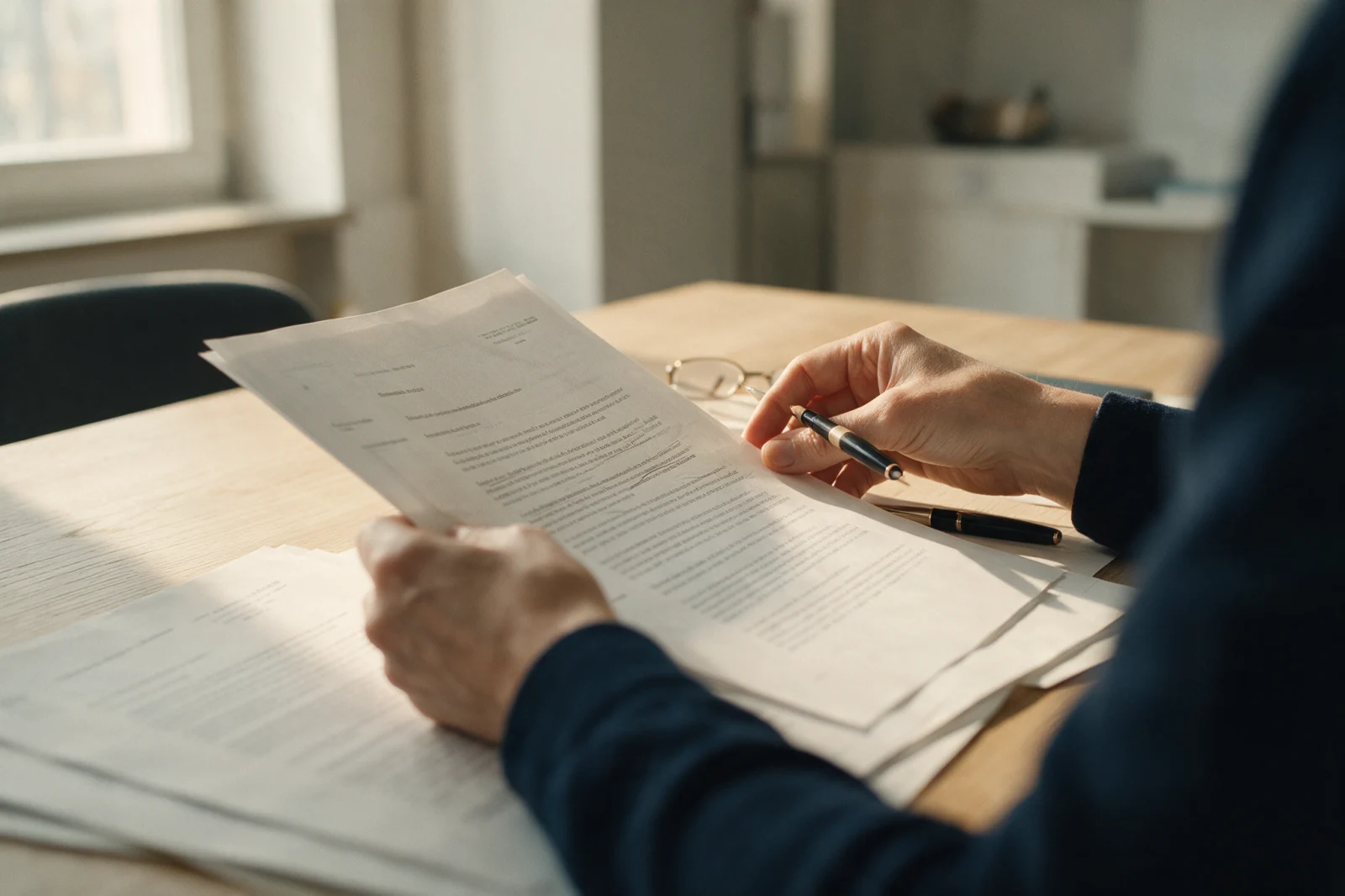 Hände prüfen ein mehrseitiges Schreiben der Pflegekasse