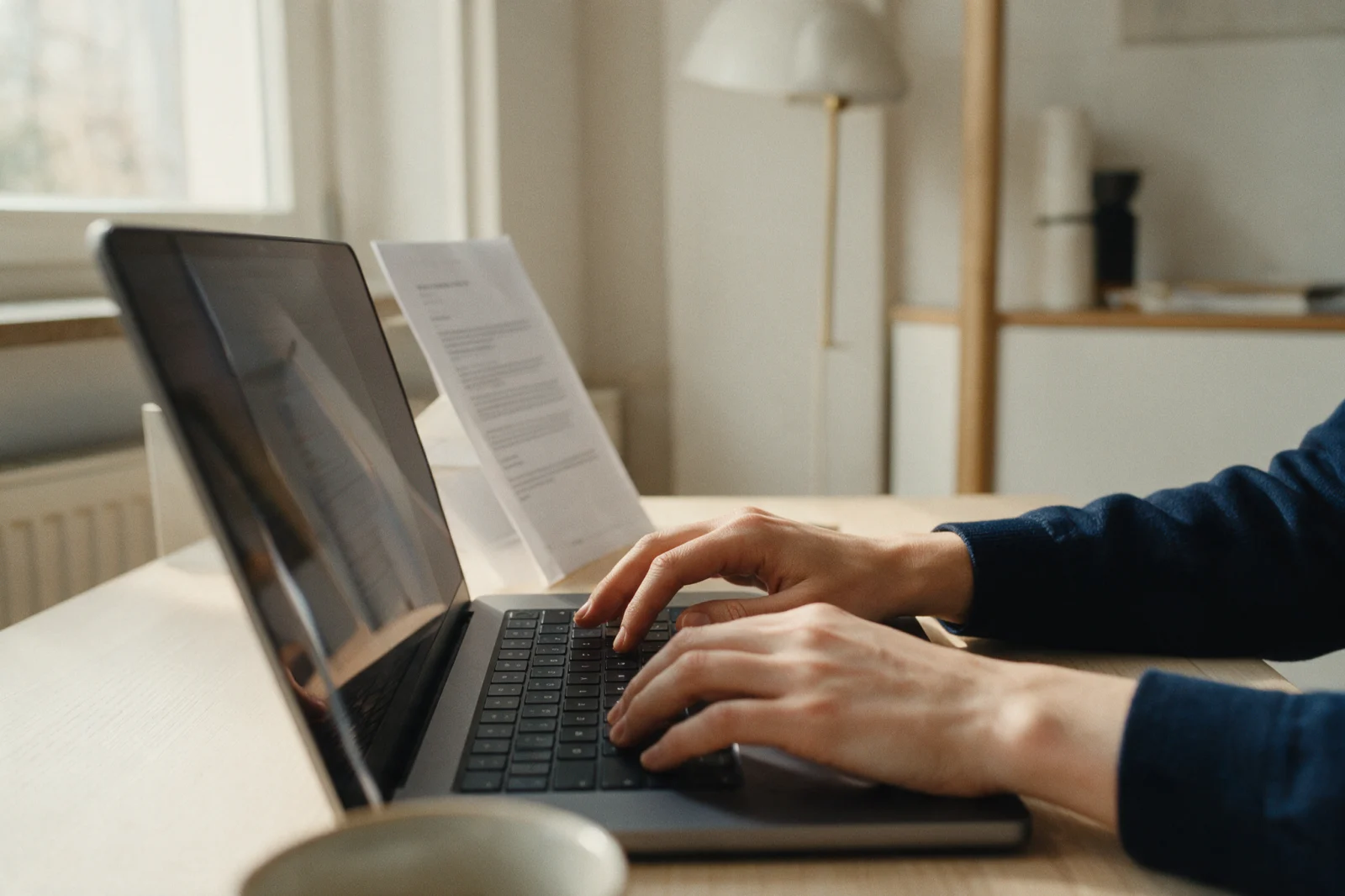 Hände tippen am Laptop, daneben steht ein ausgedrucktes Schreiben