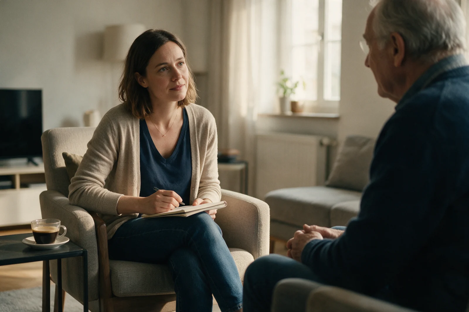 Gutachterin im Gespräch mit einem älteren Mann im Wohnzimmer
