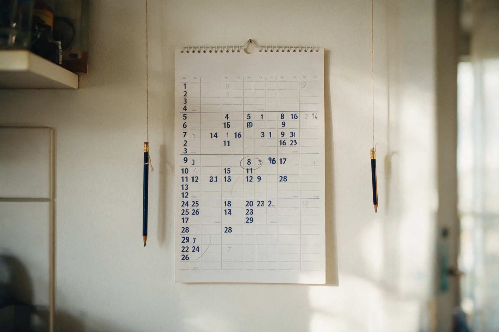 Wandkalender in der Küche, ein Datum mit Bleistift markiert